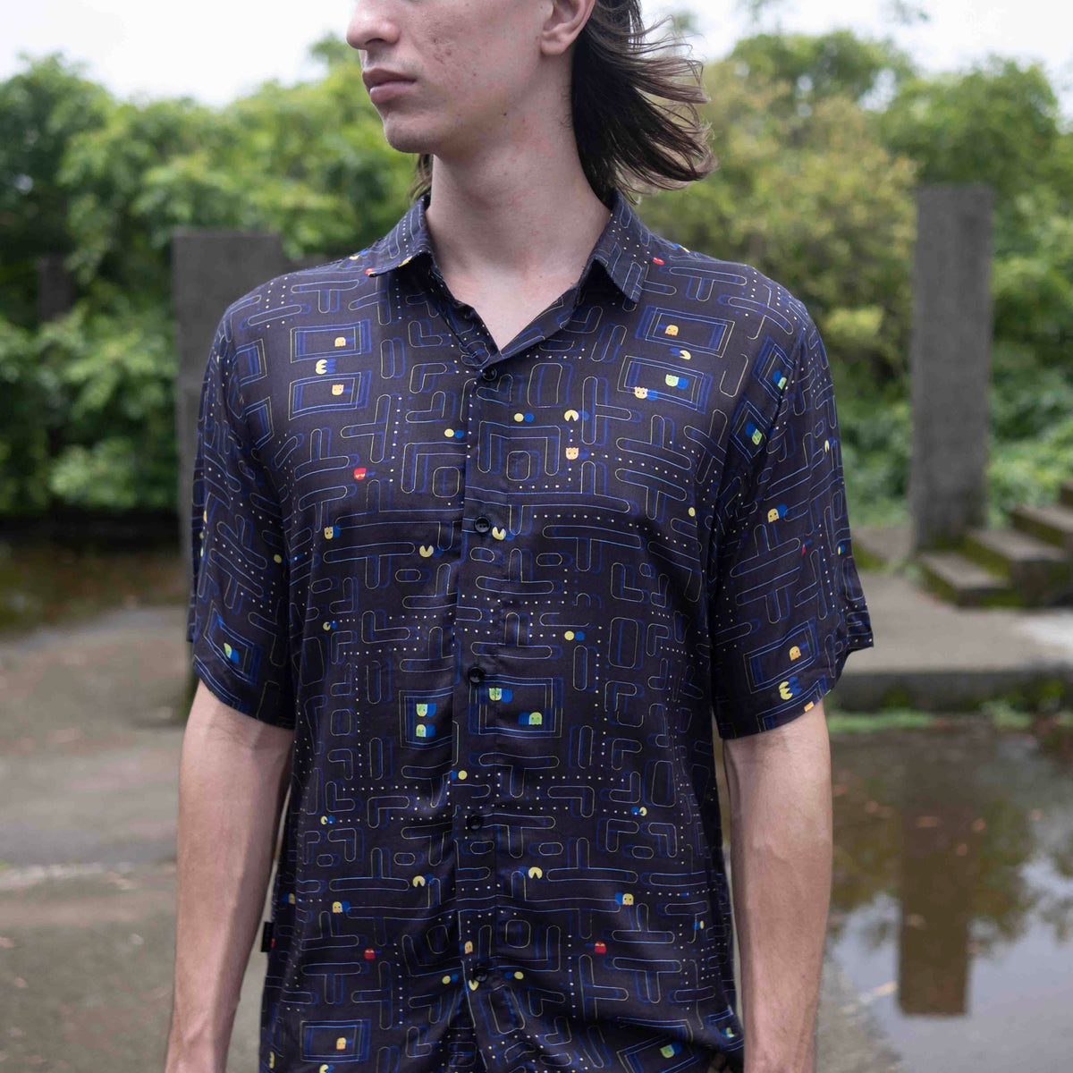 Pac man Glitch – Bamboo Lightweight Summer Shirt for Men |Glitch Gamer Digital Print Art Wear Shirt