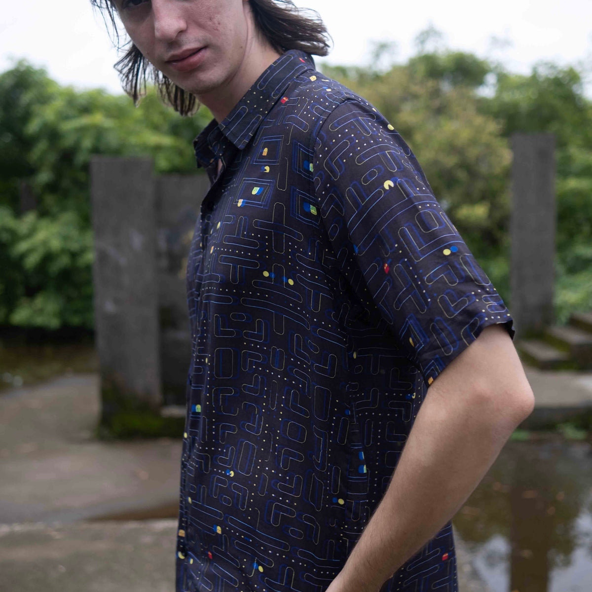 Pac man Glitch – Bamboo Lightweight Summer Shirt for Men |Glitch Gamer Digital Print Art Wear Shirt
