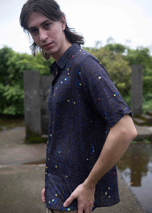 Pac man Glitch – Bamboo Lightweight Summer Shirt for Men |Glitch Gamer Digital Print Art Wear Shirt