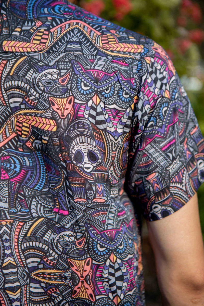 Close-up of Dorset shirt’s eco-friendly bamboo fabric and tribal animal art

