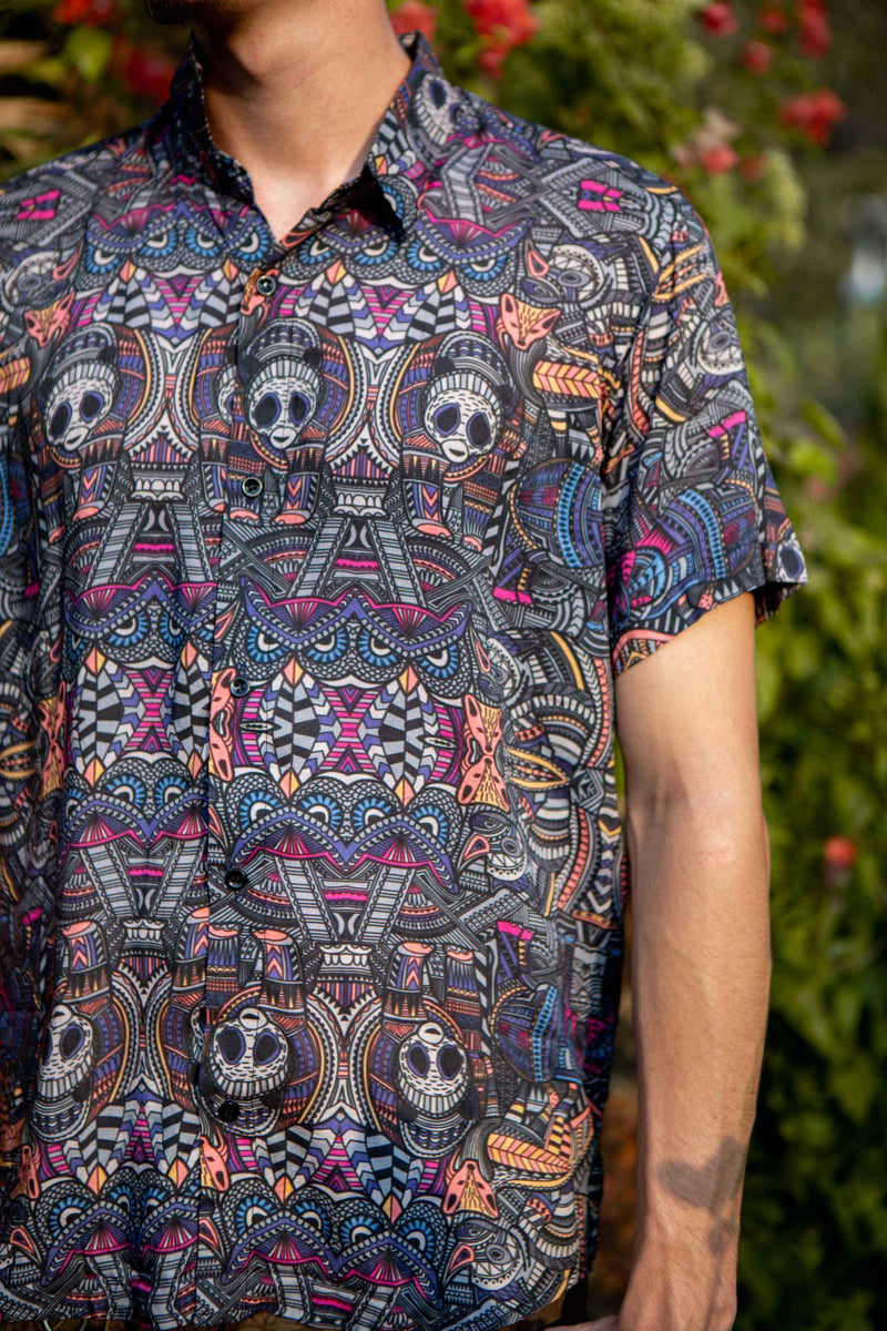 Men’s bamboo psychedelic print shirt with vibrant festival patterns