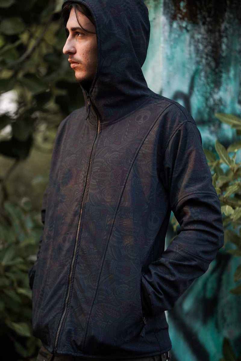 hooded psychedelic softshell jacket with dark glitch artwork