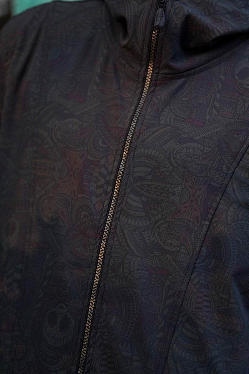 close up psychedelic softshell jacket zipper and print detail