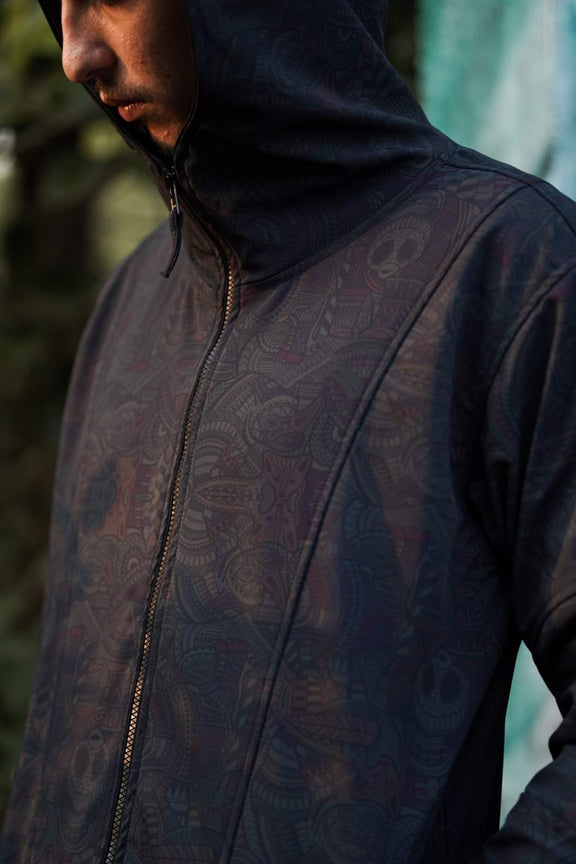 hooded windbreaker jacket with tribal psychedelic pattern