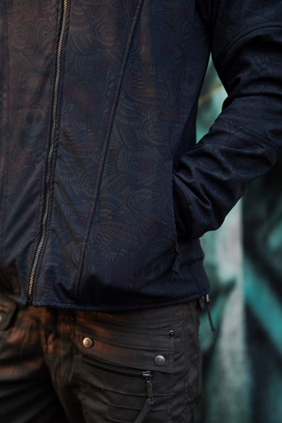 dark psychedelic softshell jacket pocket and fabric detail