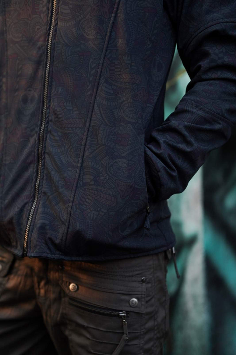 dark psychedelic softshell jacket pocket and fabric detail