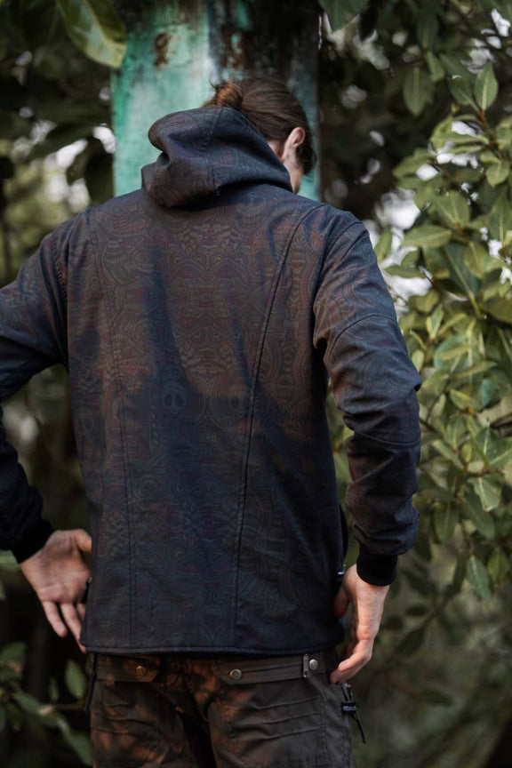 rear view psychedelic windbreaker jacket with hood outdoors