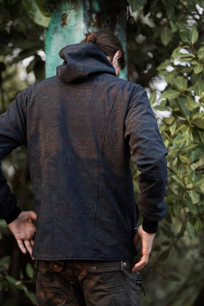 rear view psychedelic windbreaker jacket with hood outdoors