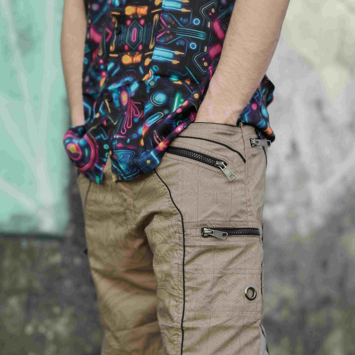 Dragon Codex - Caramel Beige NY Men's Cargo Shorts | Dragon Print Up Knee Shorts