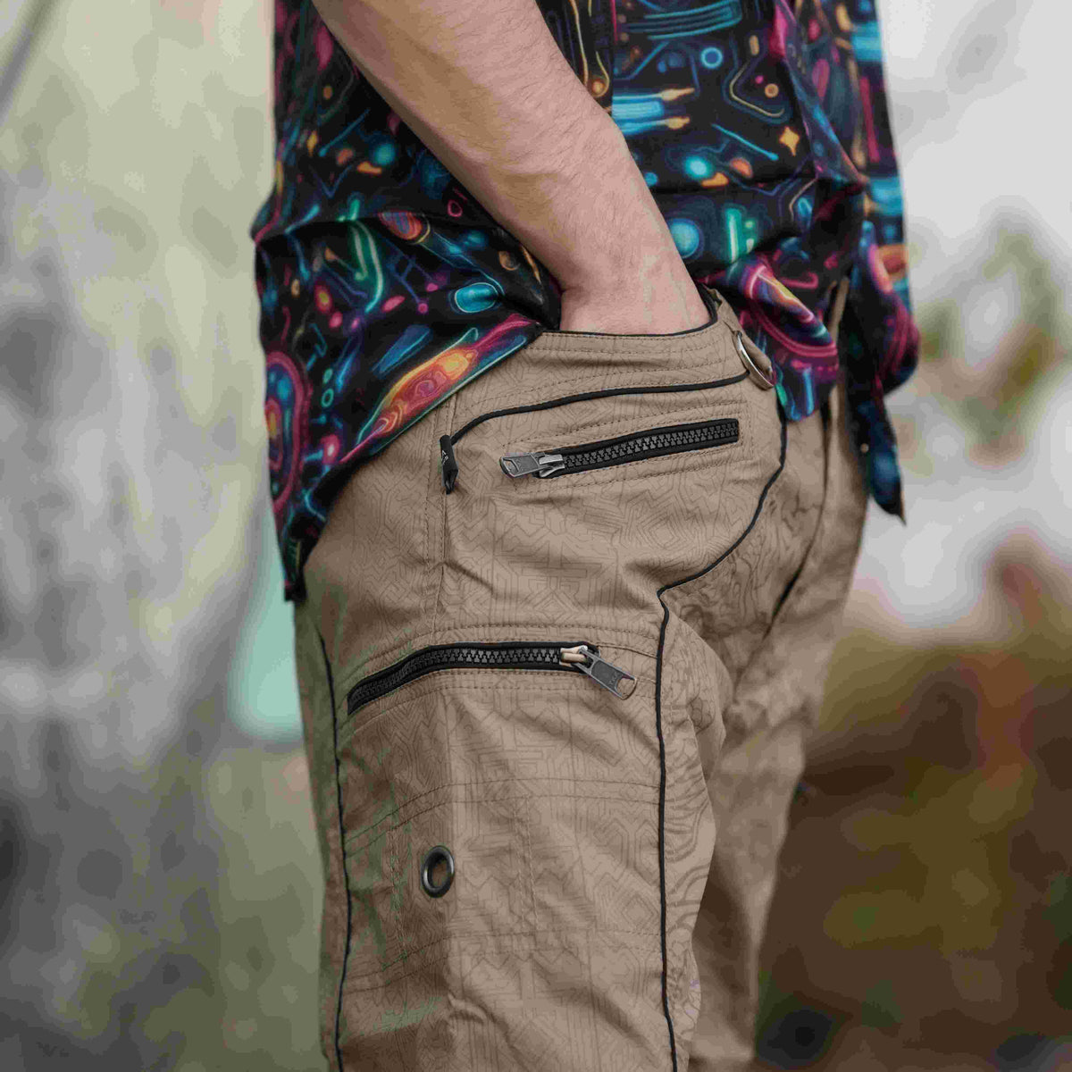 Dragon Codex - Caramel Beige NY Men's Cargo Shorts | Dragon Print Up Knee Shorts