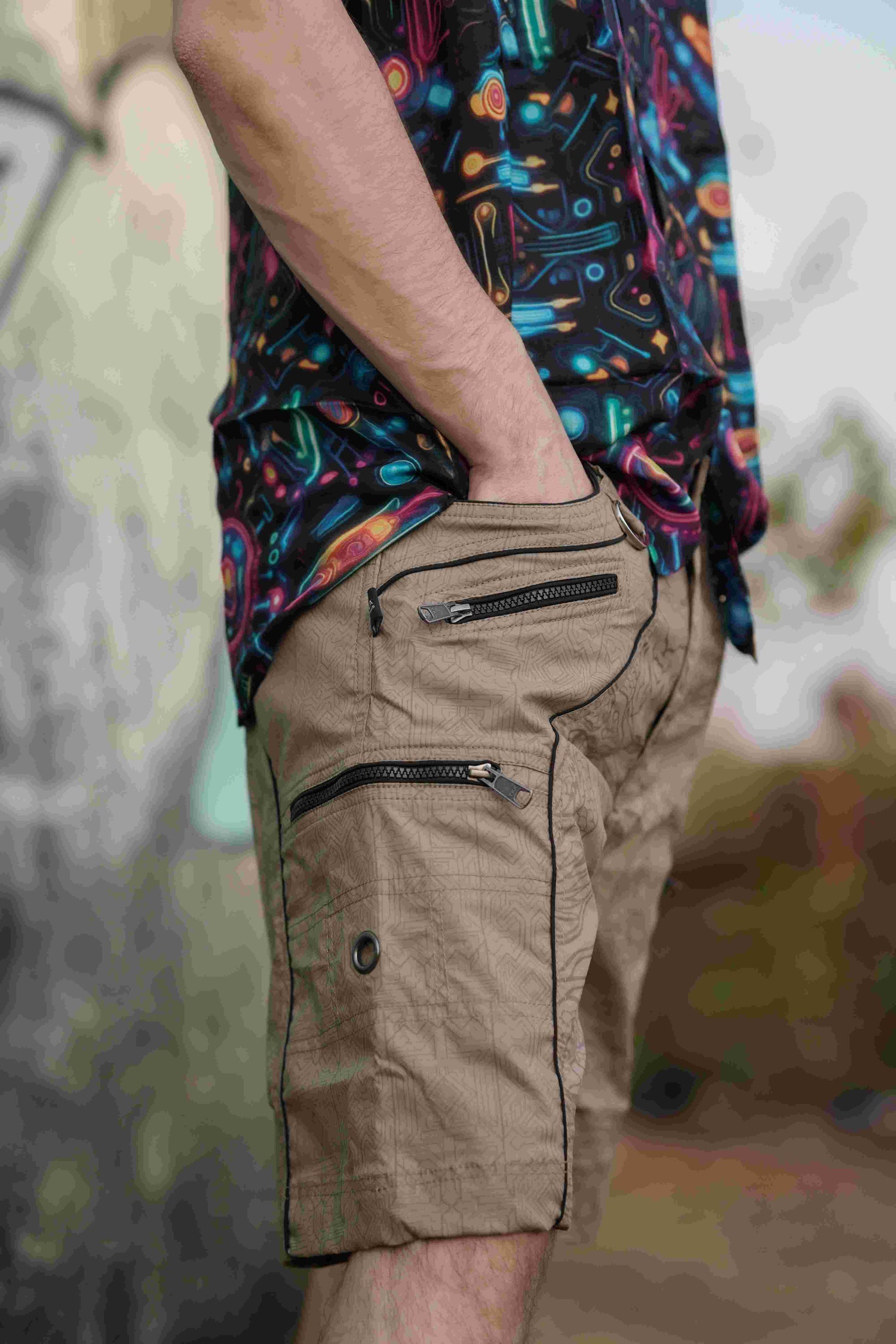 Dragon Codex - Caramel Beige NY Men's Cargo Shorts | Dragon Print Up Knee Shorts