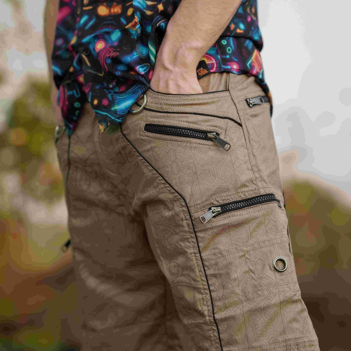 Dragon Codex - Caramel Beige NY Men's Cargo Shorts | Dragon Print Up Knee Shorts