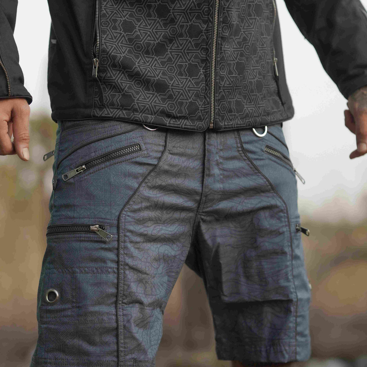 dragon codex blue haze above the knee shorts for guys front view