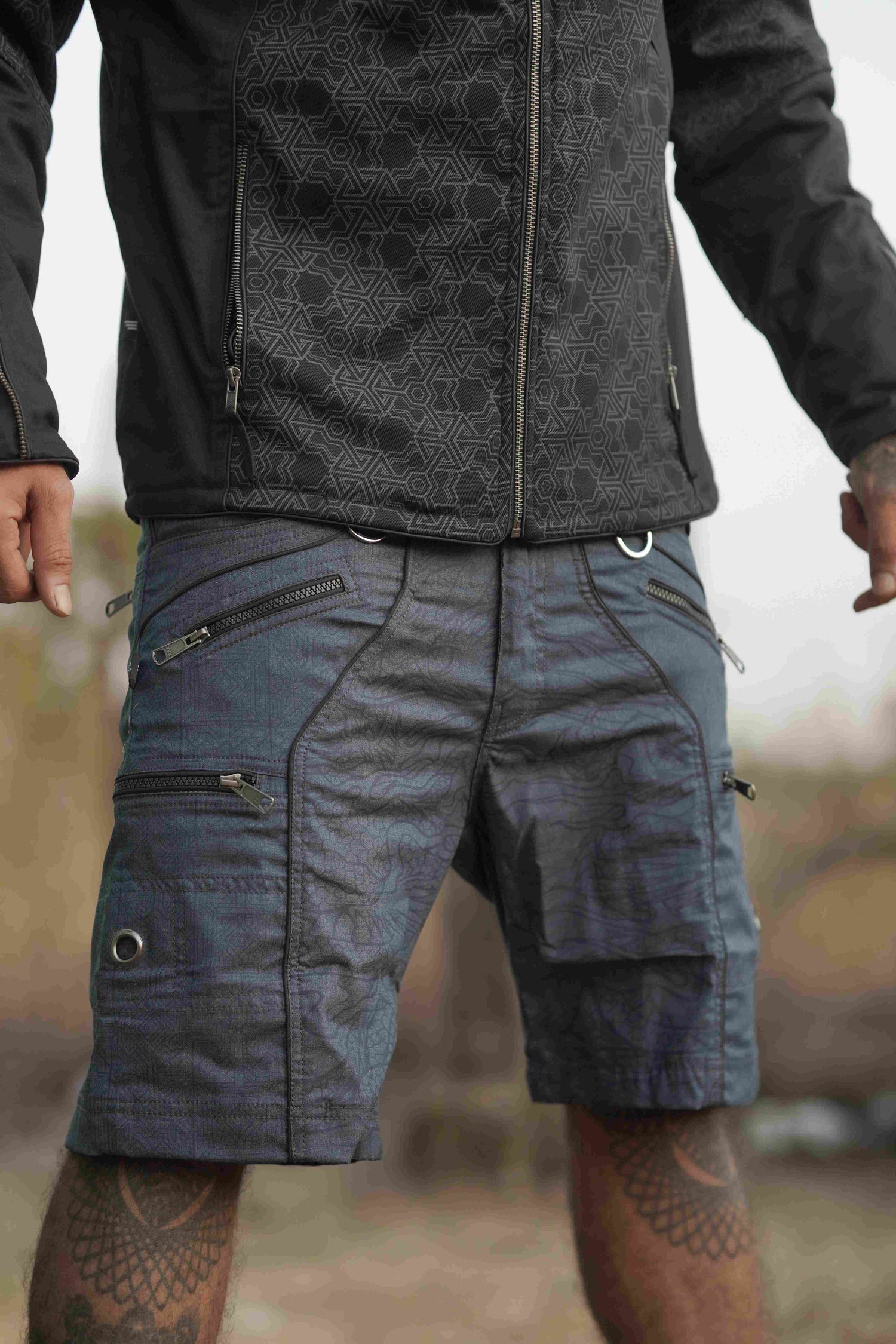 dragon codex blue haze above the knee shorts for guys front view