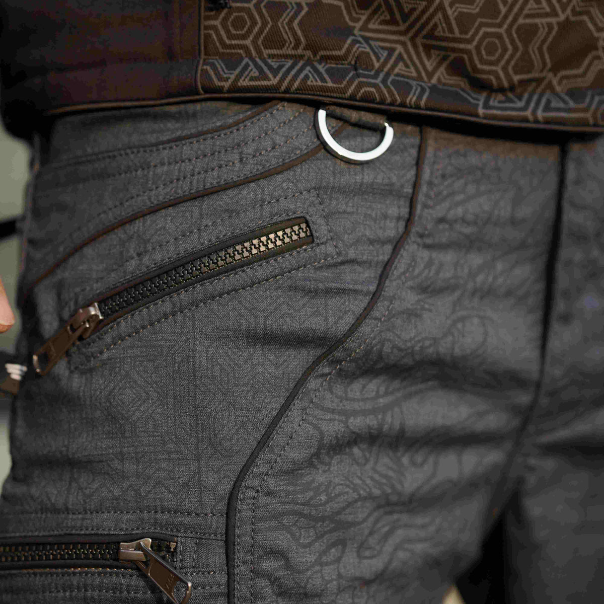 mens above knee shorts dragon texture zipper pocket detail