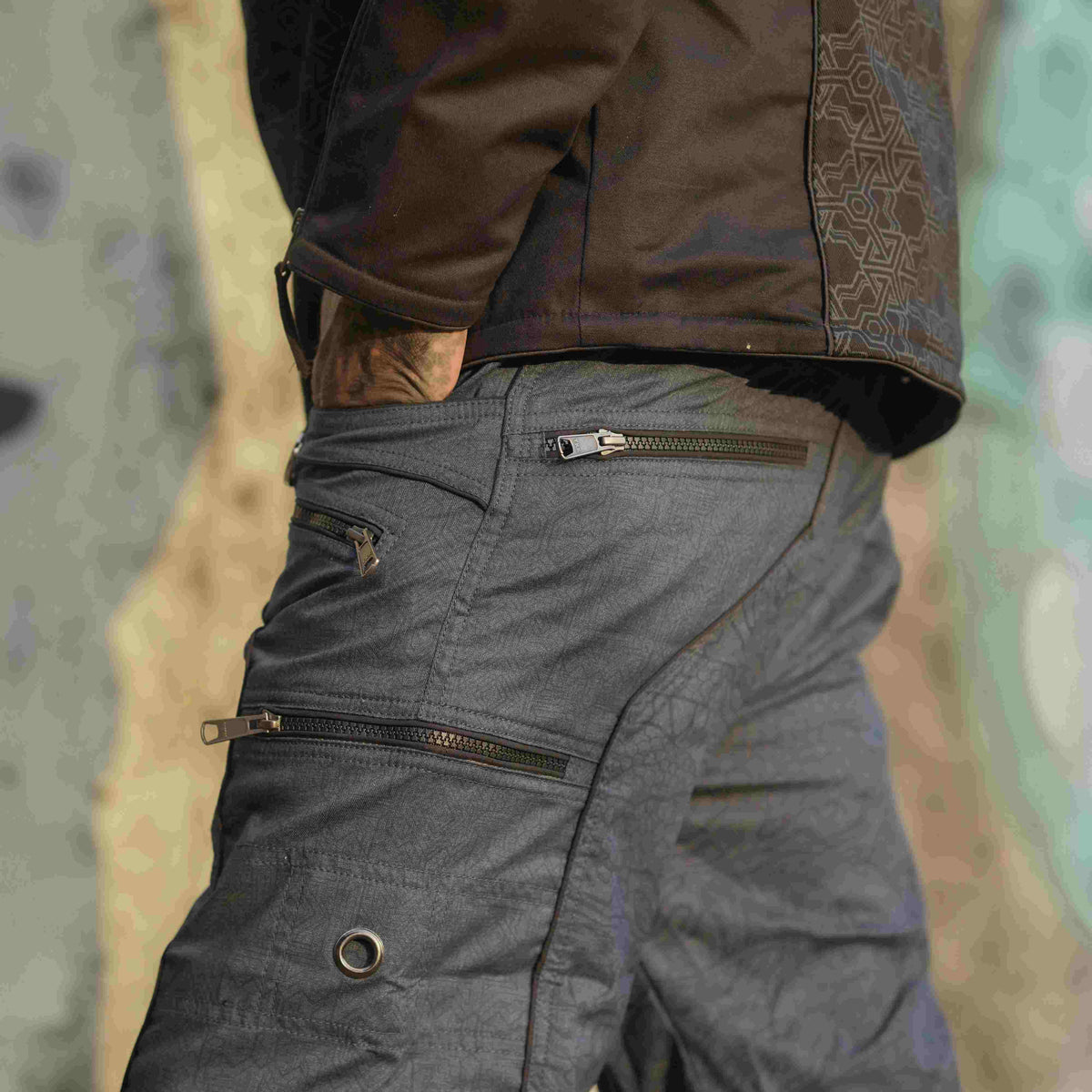 blue haze above the knee shorts side angle ykk zipper pockets