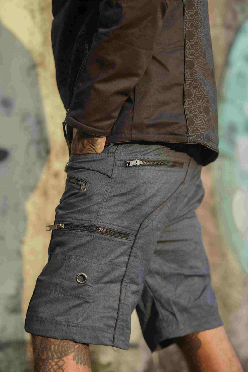 blue haze above the knee shorts side angle ykk zipper pockets