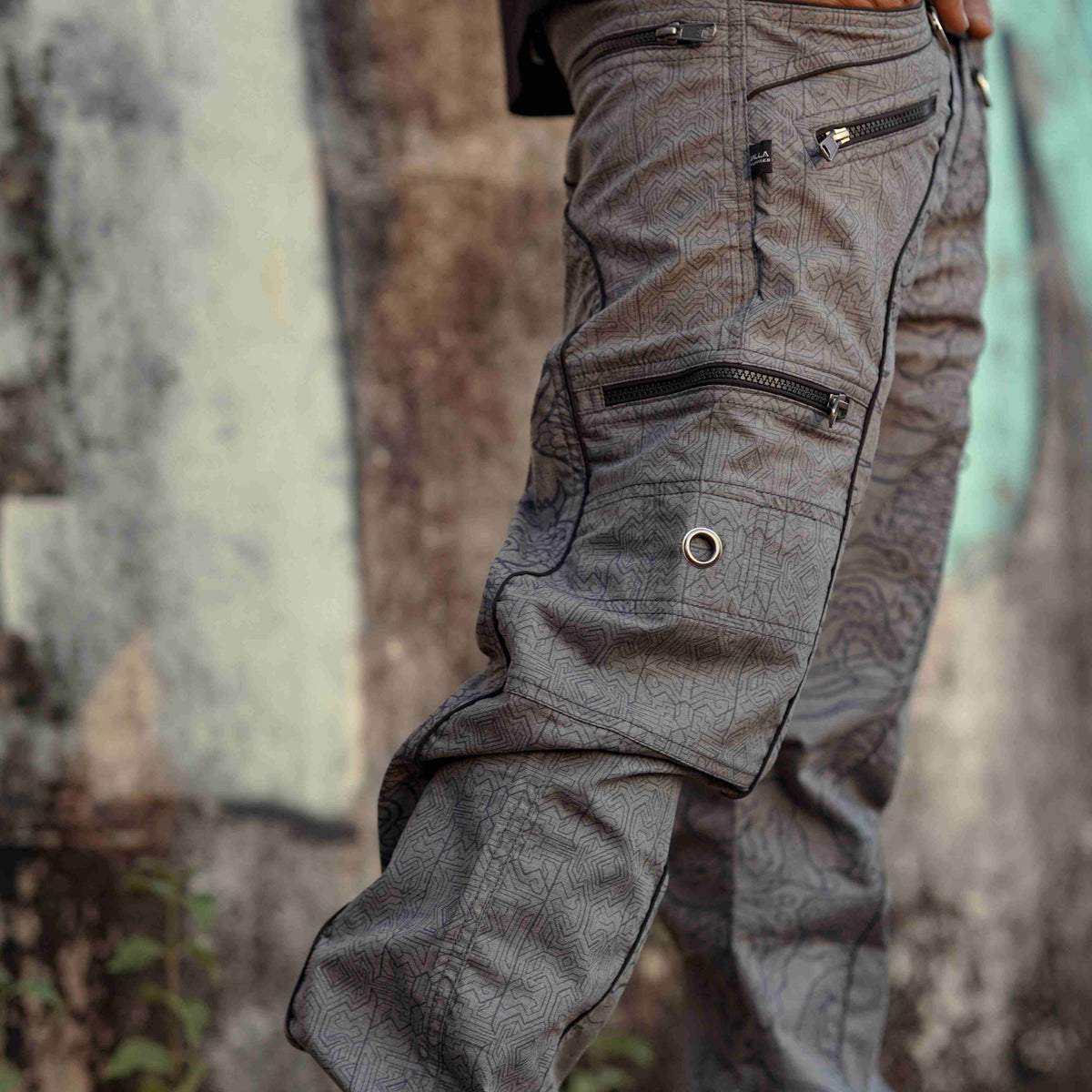 multi pocket psychedelic cargo trousers mens off grey utility side view