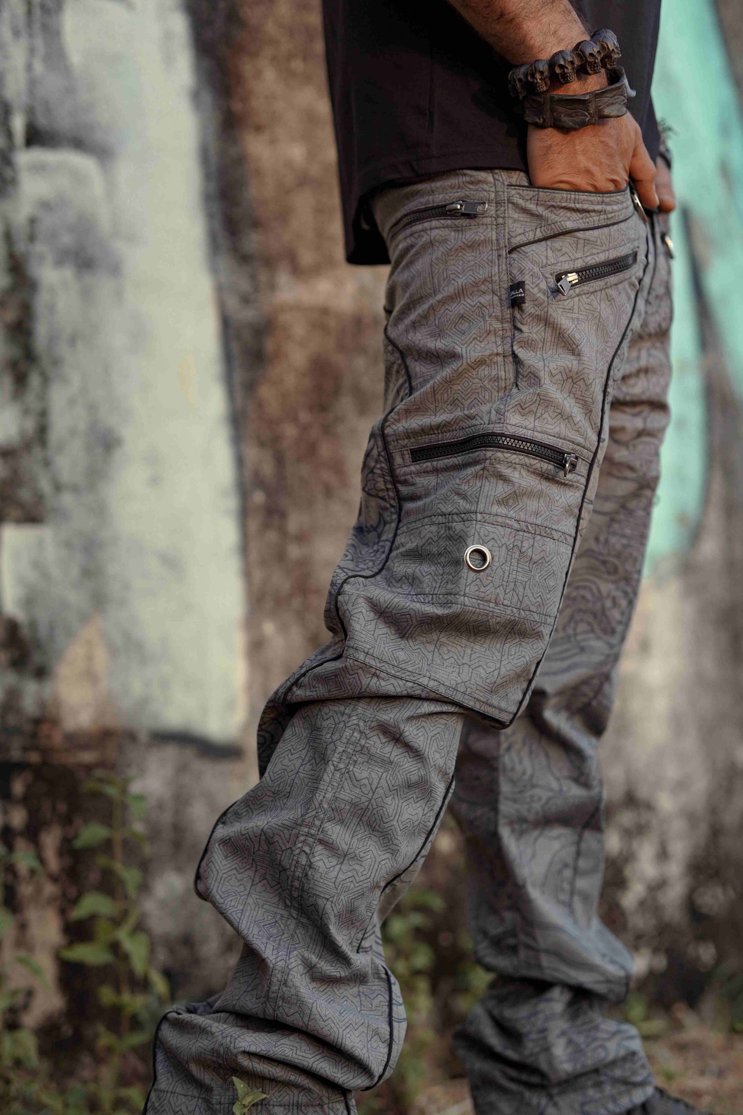 multi pocket psychedelic cargo trousers mens off grey utility side view