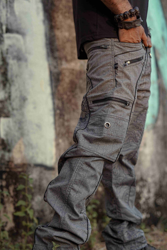 multi pocket psychedelic cargo trousers mens off grey utility side view
