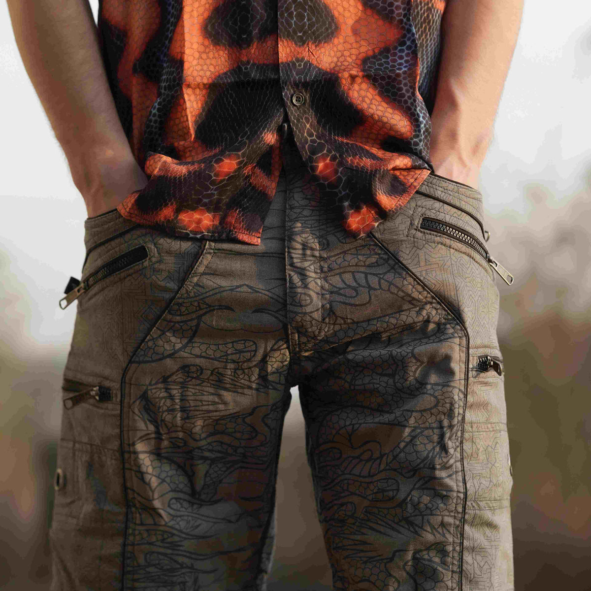 above knee shorts mens dragon print off grey cargo shorts front view