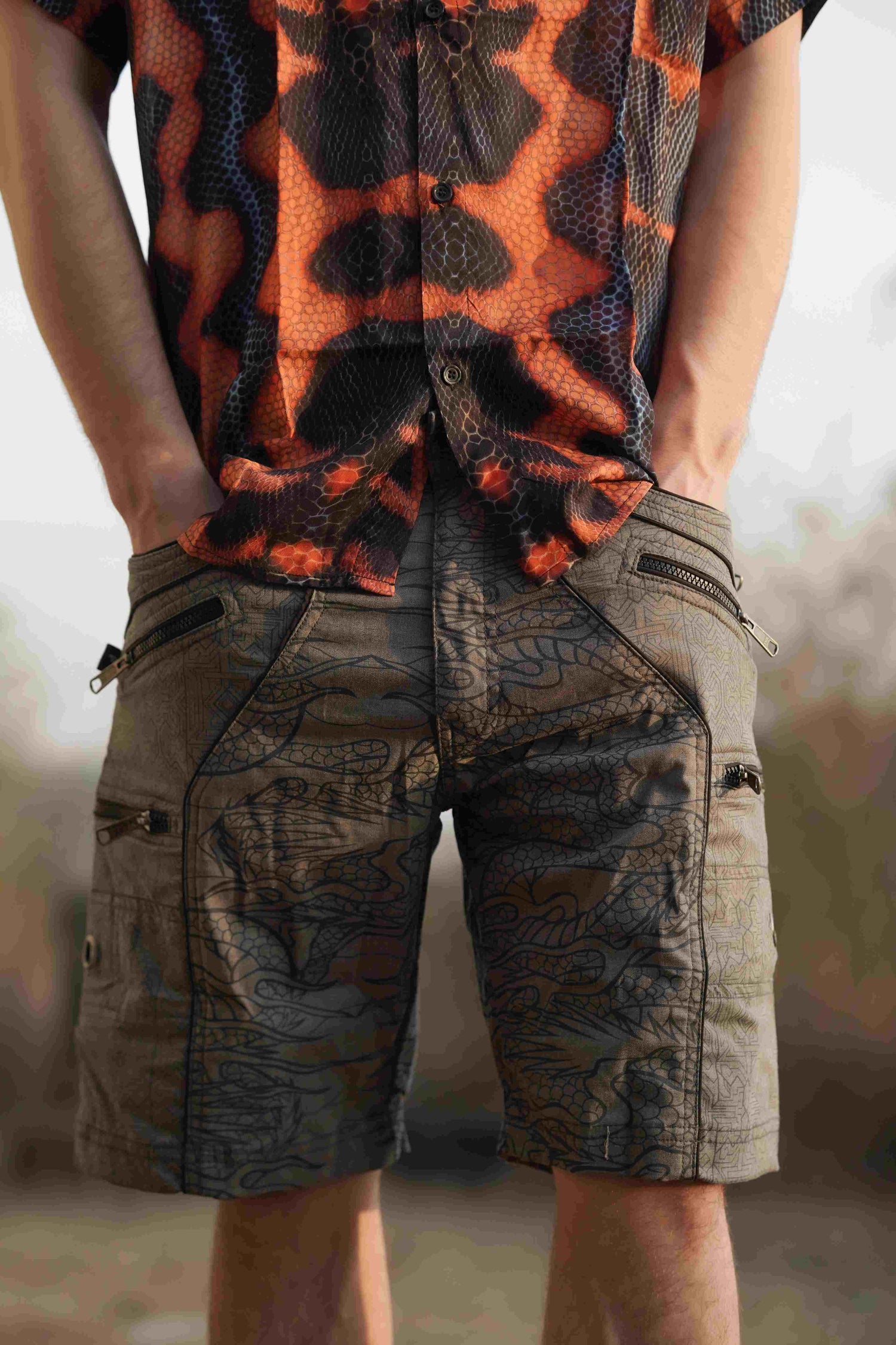 above knee shorts mens dragon print off grey cargo shorts front view