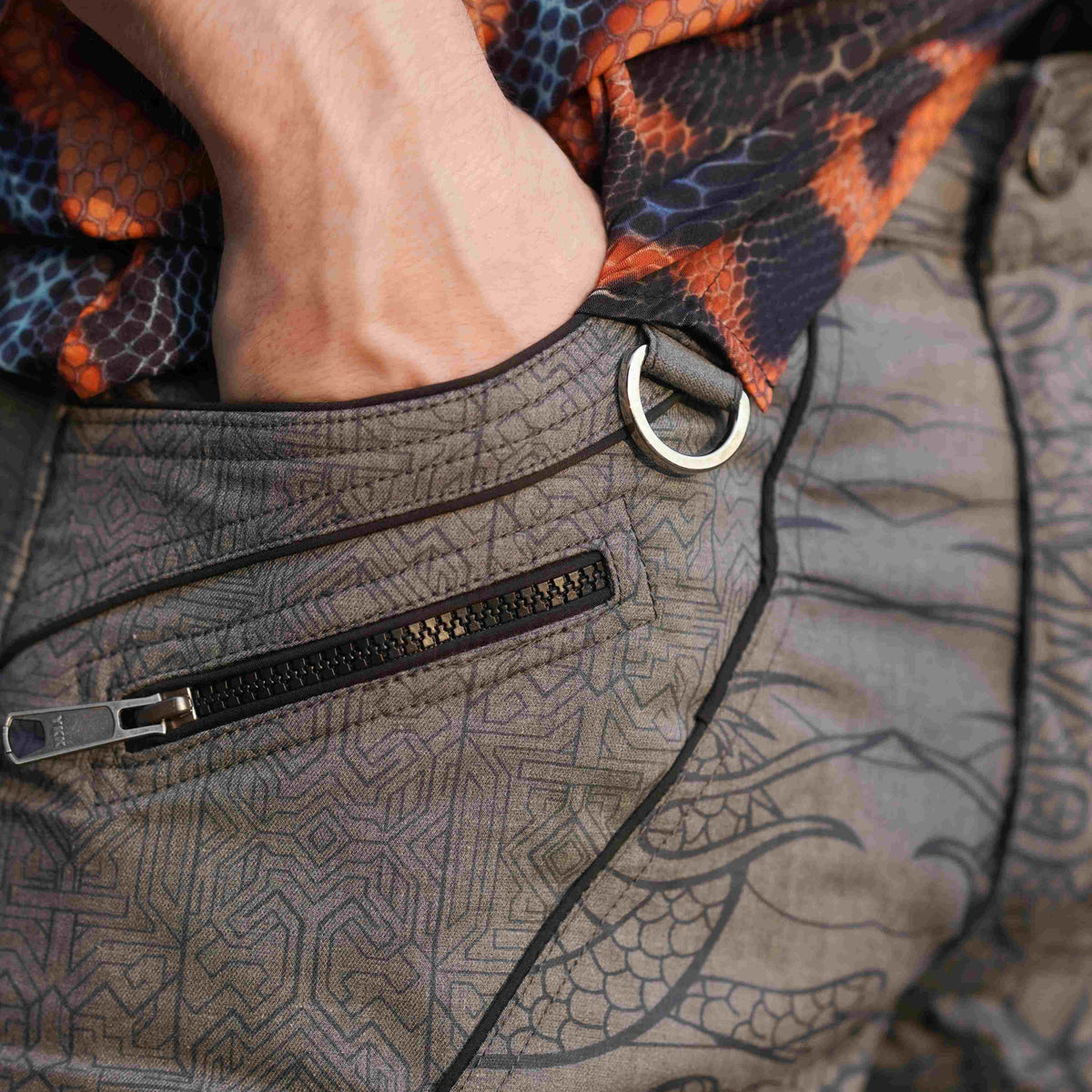 dragon codex off grey NY shorts mens close up zip pocket detail