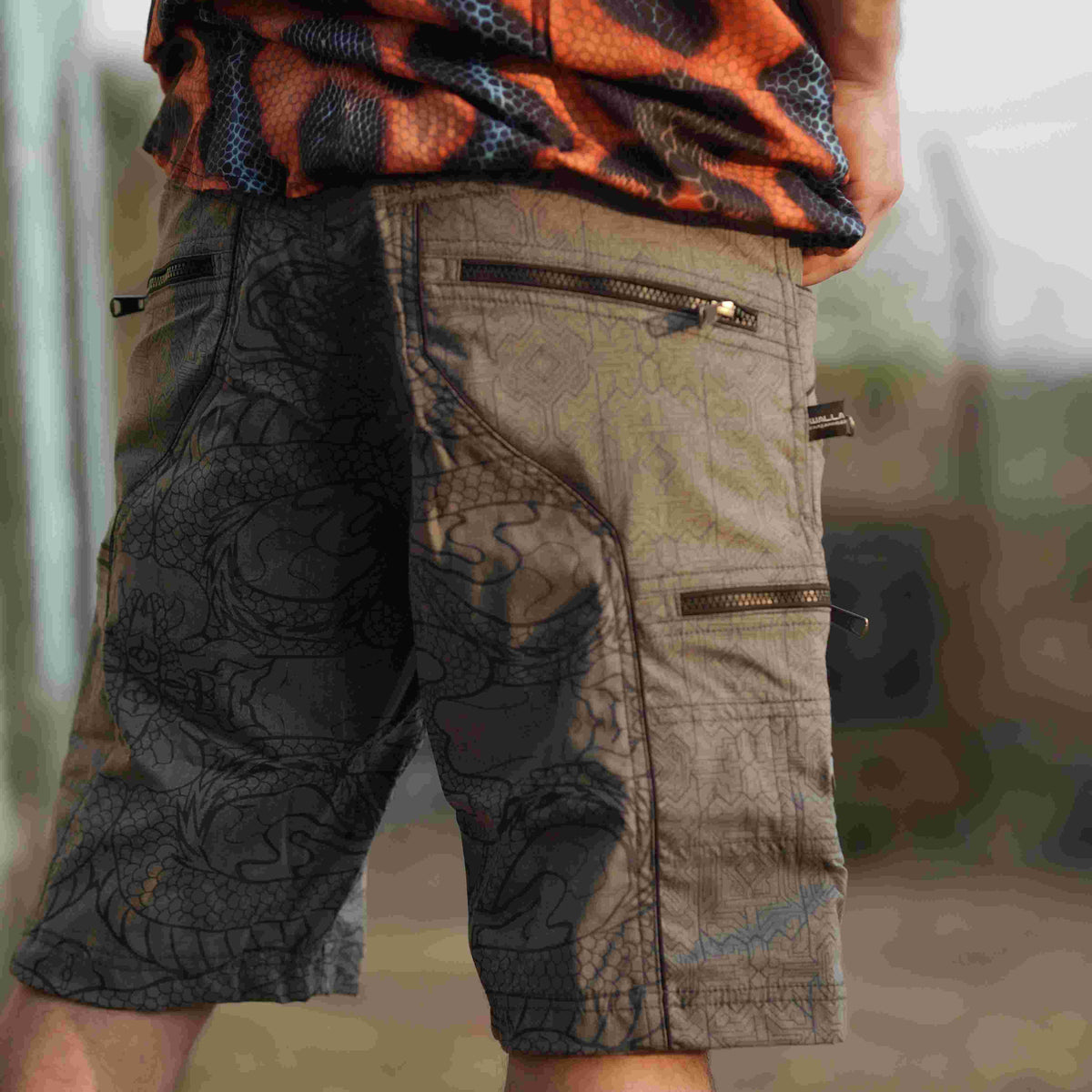 dragon print above knee shorts mens back view cargo design