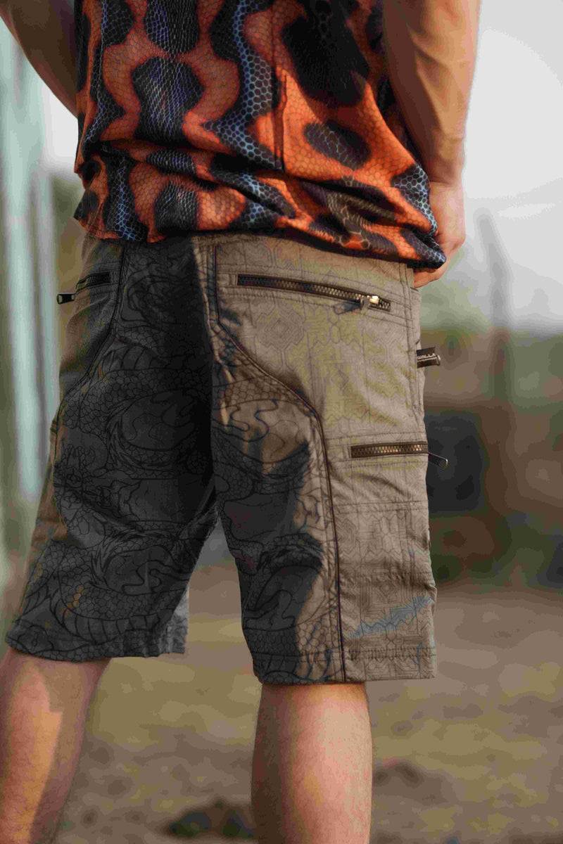 dragon print above knee shorts mens back view cargo design