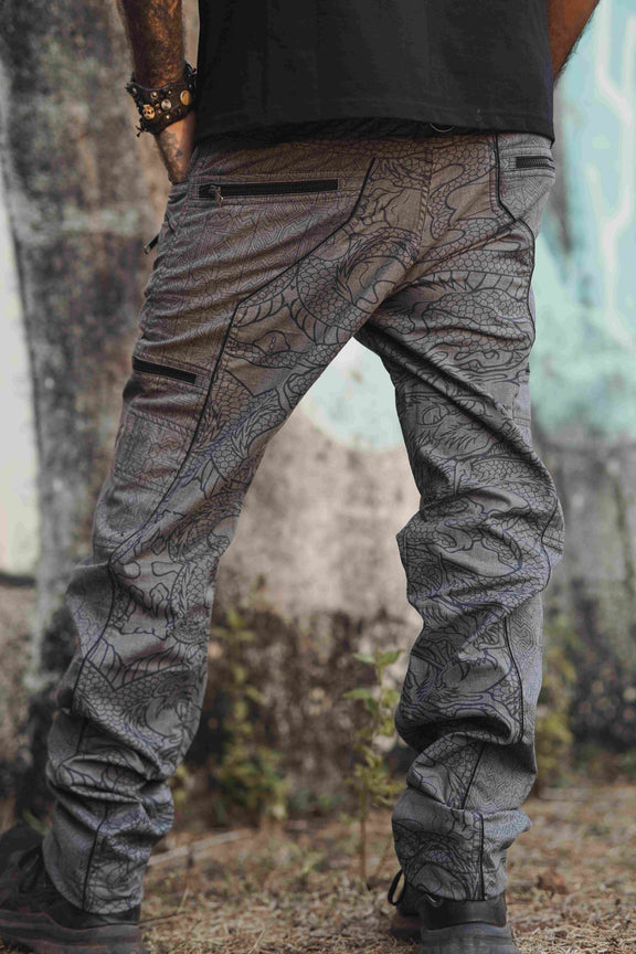 psychedelic cargo pants mens off grey dragon codex print relaxed fit back view