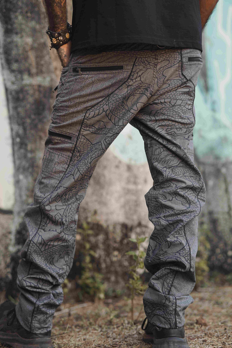 psychedelic cargo pants mens off grey dragon codex print relaxed fit back view