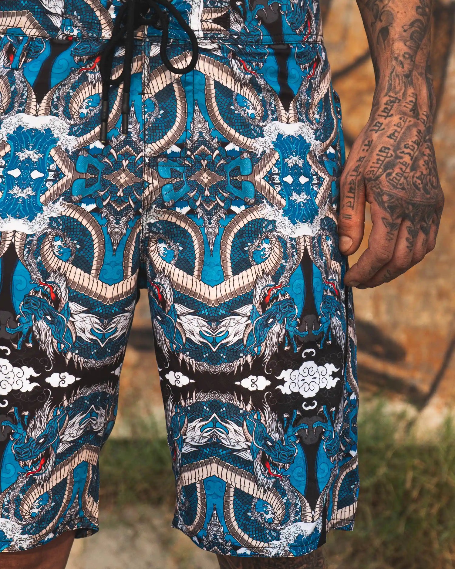 dragon printed swim shorts for men with japanese ryu design