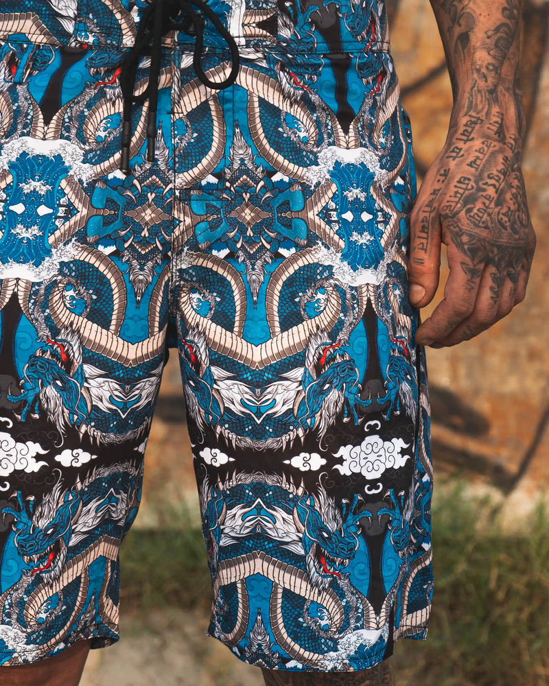 dragon printed swim shorts for men with japanese ryu design