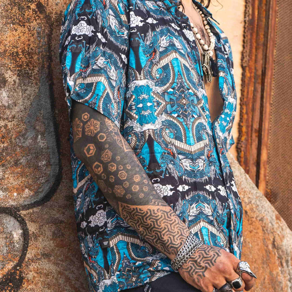 Men's bamboo shirt featuring psychedelic dragon print