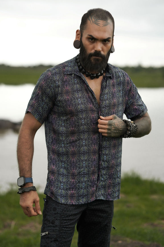 fractal dress shirt Short Sleeve Dress Shirt with Geometric Fractal Print BLUE / MD