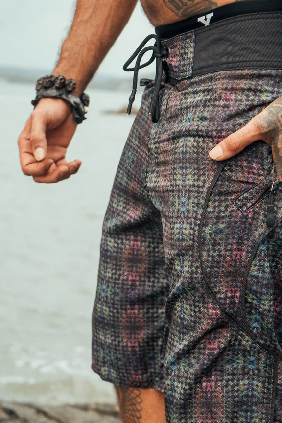 mens abstract printed swim shorts pattern close-up