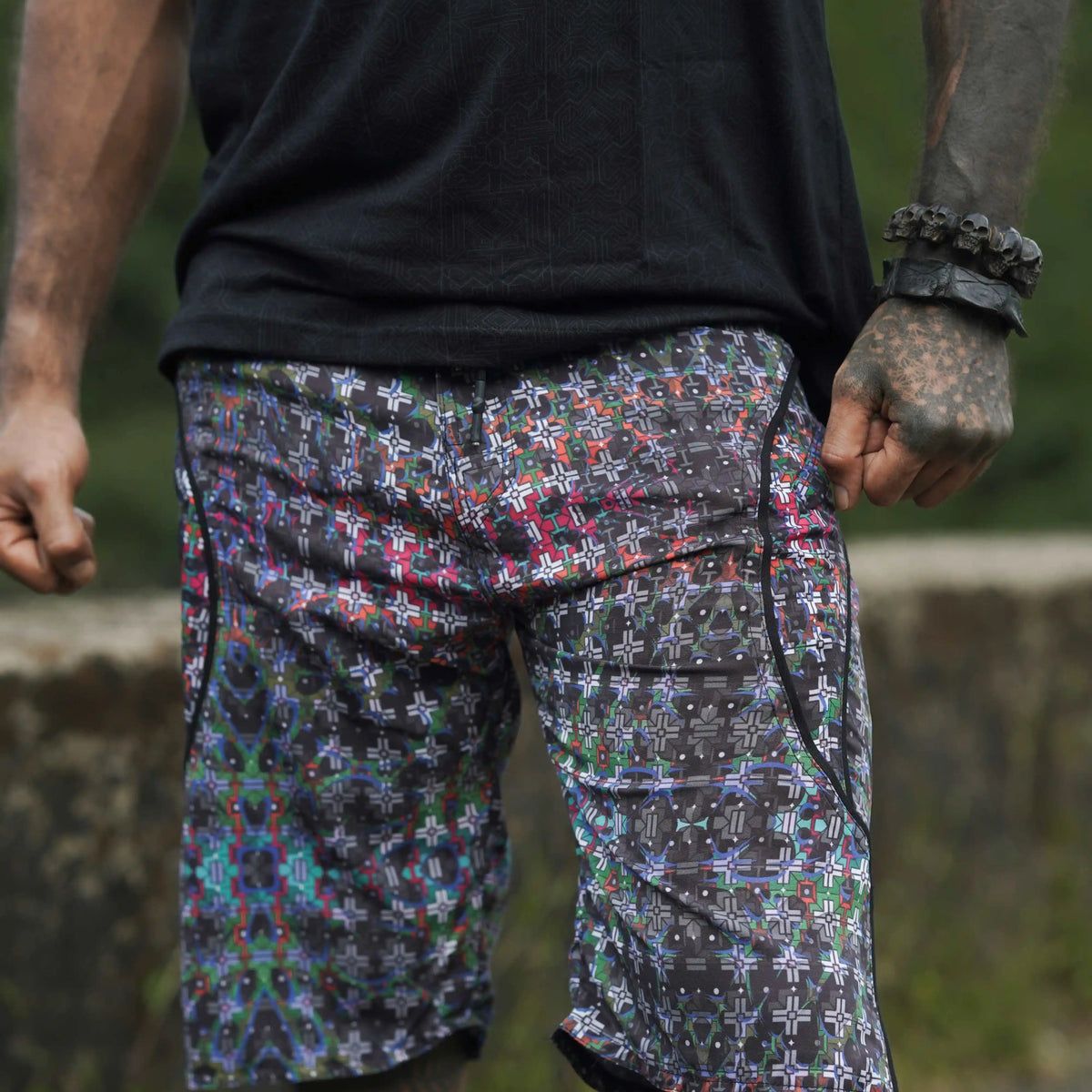 geometric printed swim shorts front view men
