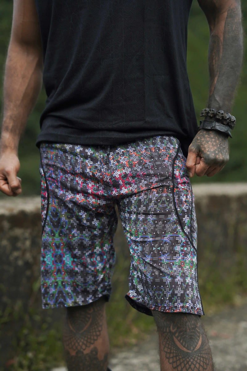 geometric printed swim shorts front view men