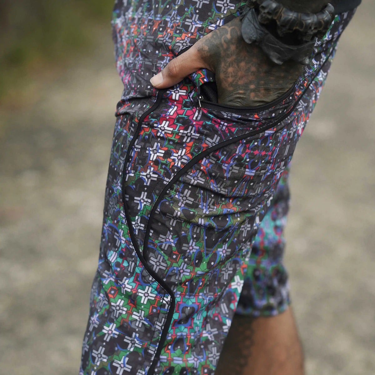 mens geometric swim trunks zipper pocket detail