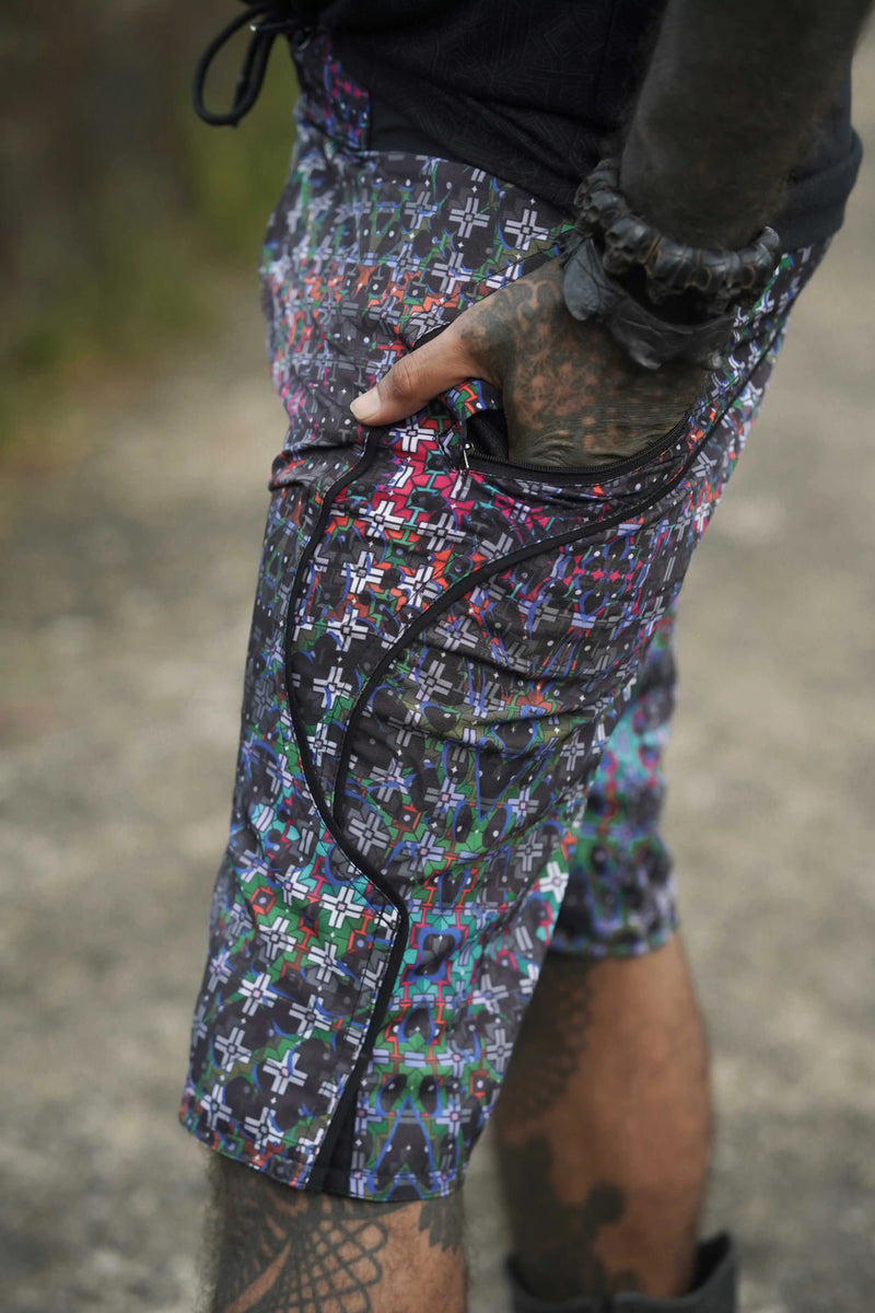 mens geometric swim trunks zipper pocket detail