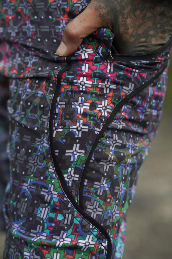 psychedelic geometric swim shorts close-up pattern