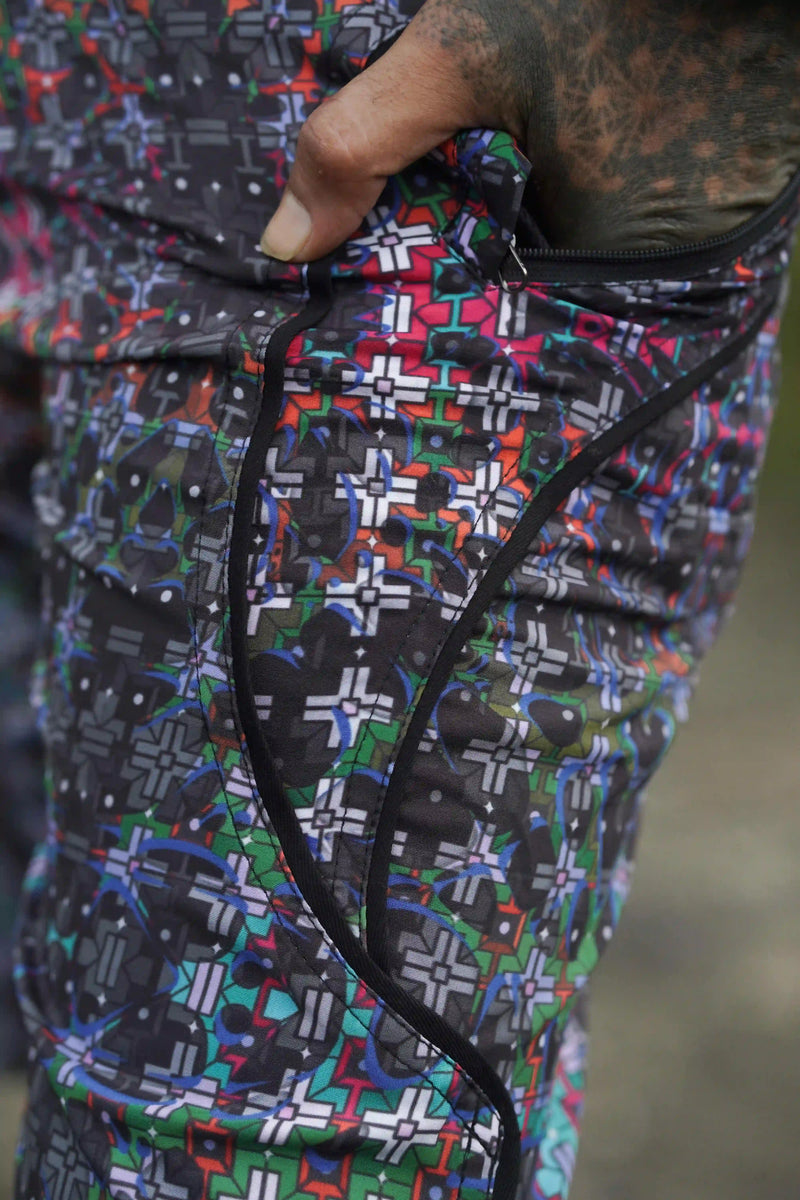 psychedelic geometric swim shorts close-up pattern