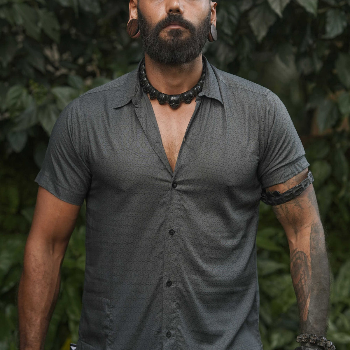 Flower of Life - Screen-print Grey Shirt | Men's Viscose Partywear Shirt