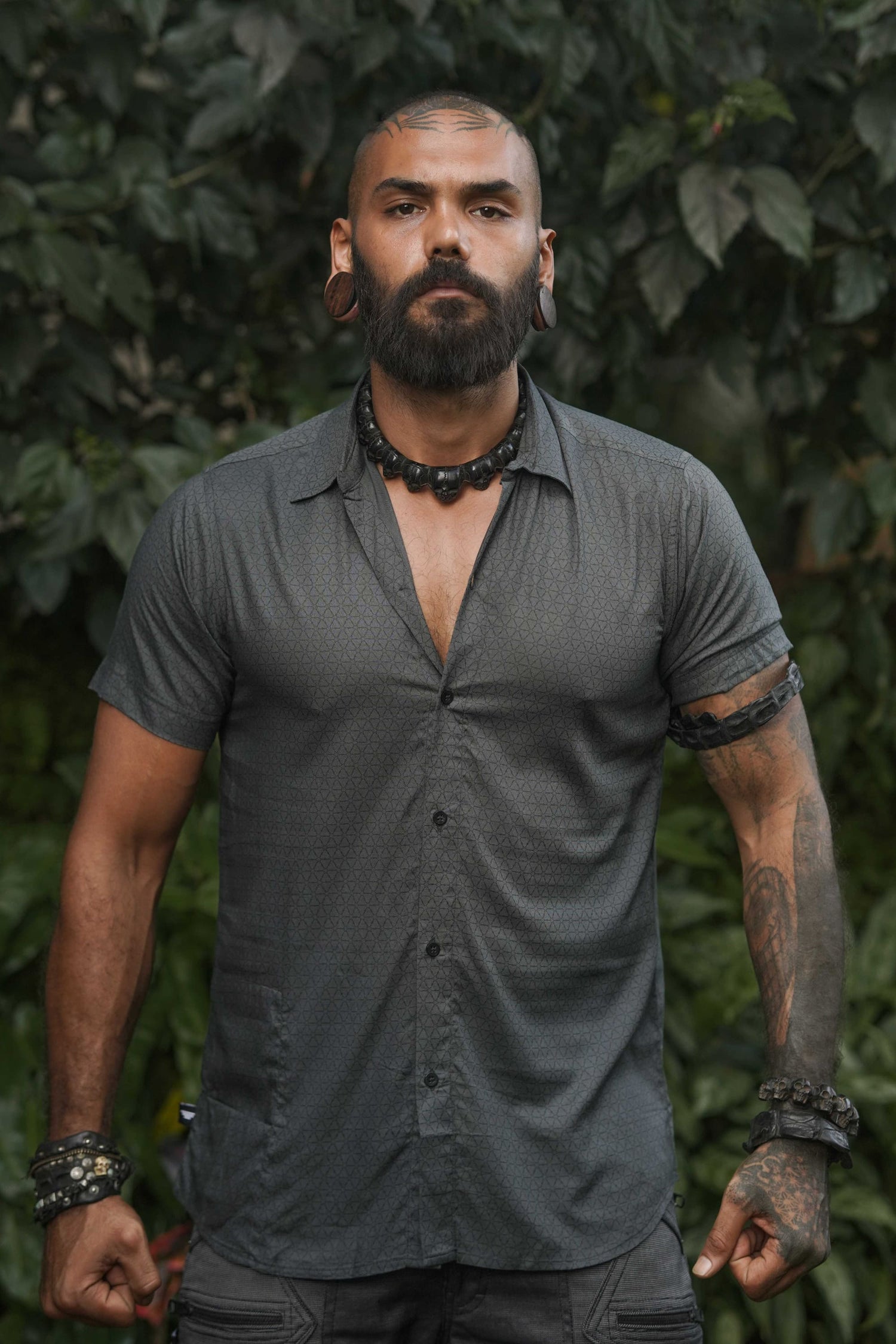 Flower of Life - Screen-print Grey Shirt | Men's Viscose Partywear Shirt