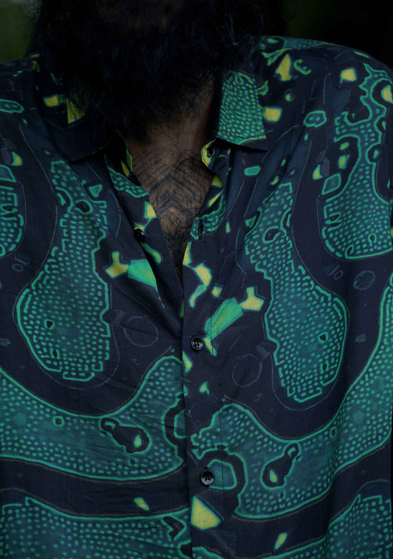 GREEN WIZARD green bamboo shirts with fractal-inspired design

