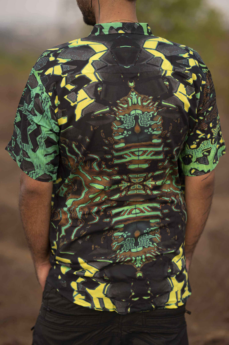 Back view of men’s bamboo psychedelic shirt with green geometric print
