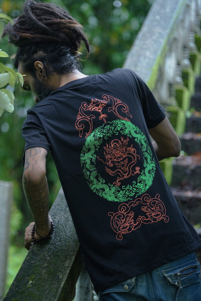 GRIFFIN ROOTS | Men's Black Graphic T-shirt | Chinese Dragon Art UV Print Tees