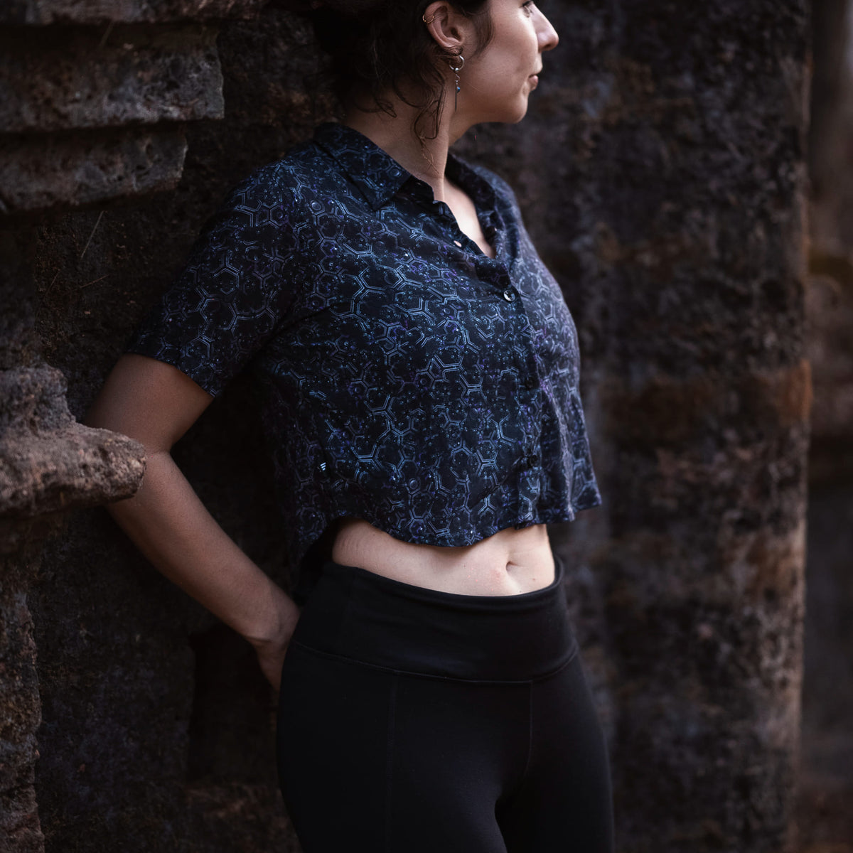 HEXAGON DWELL | Bamboo Fabric Women's Crop Shirt | Festival Pixie Printed Shirt