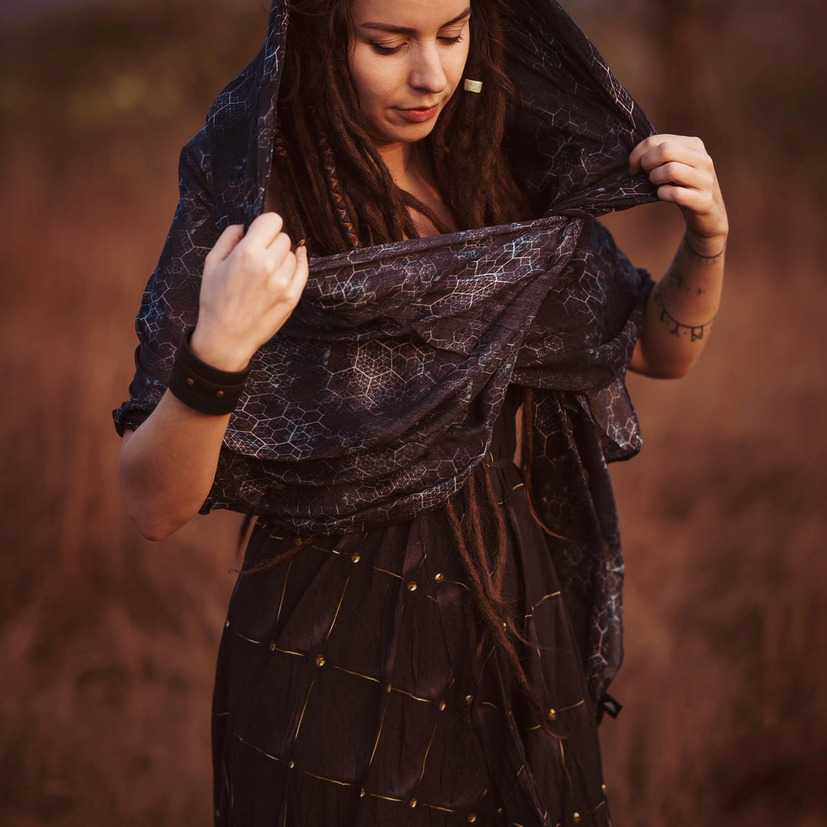 Soft bamboo scarf with Journey Into My Mind sacred geometry design