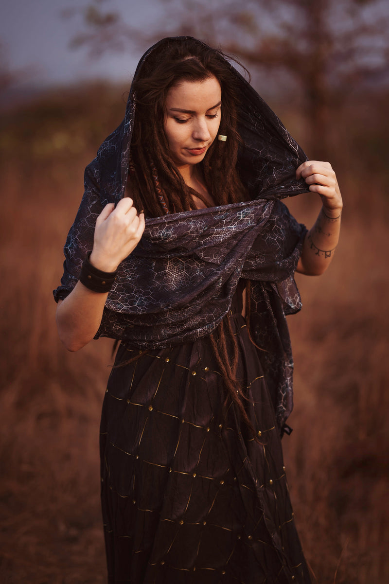 Soft bamboo scarf with Journey Into My Mind sacred geometry design